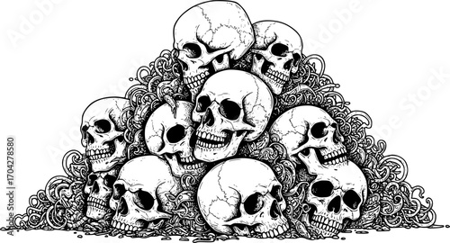 A pile of skulls human skulls with many shaped background tattoo hand drawing vectors art lines
