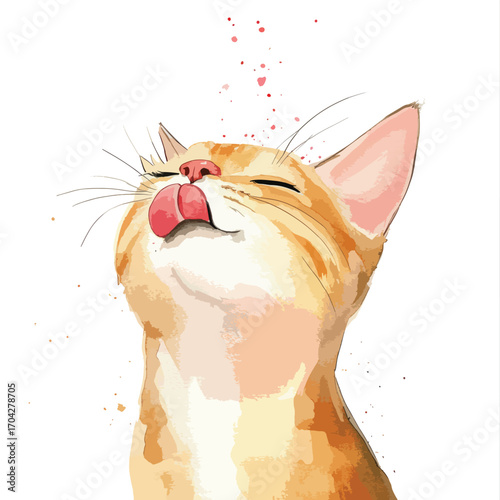 Watercolor Cat Licking Its Nose Expressing Joyful Delight and Contentment