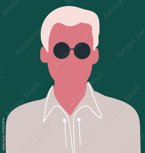 Abstract male portrait with sunglasses. Faceless young character, hand darwn flat vector illustration.