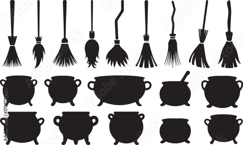 Witchcraft Elements Collection Broomsticks and Cauldrons Silhouettes for Halloween Decoration and Occult Rituals