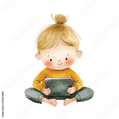 Watercolor Child with Topknot Holding Tablet Wearing Yellow Sweater