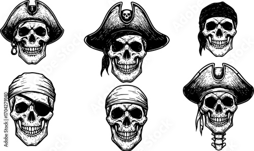Pirate skull illustration.Vintage engraving isolated pirate skull ink sketch. black and white hand drawn pirate skull vector illustration