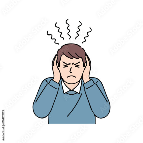 Man Covering Ears with Frowning and Wavy Lines Above Head stressed frustrated
