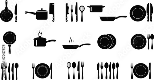Black and white vector icons of kitchen cookware, cooking pots, pans, cutlery sets, plates, utensils, and kitchen tools for culinary and dining design