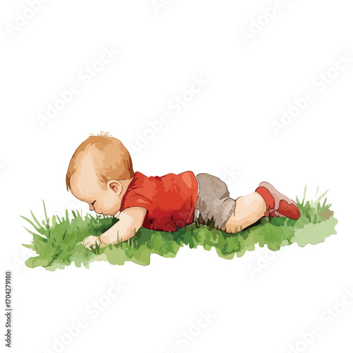 Watercolor depiction of a baby exploring grass wearing red shirt and shorts
