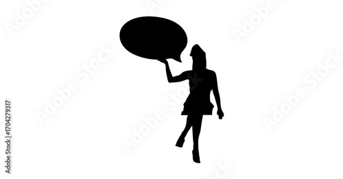 A stylized silhouette of a woman holding a large speech bubble, set against a plain white background.