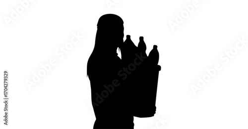 A silhouetted figure is seen from the side, holding a bucket filled with several bottles.