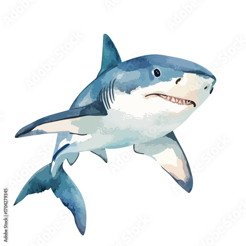 Watercolor depiction of a great white shark with detailed fins and teeth