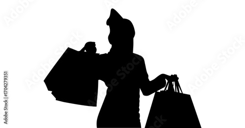 A silhouette of a woman carrying multiple shopping bags, suggesting a joyful experience during a retail outing.