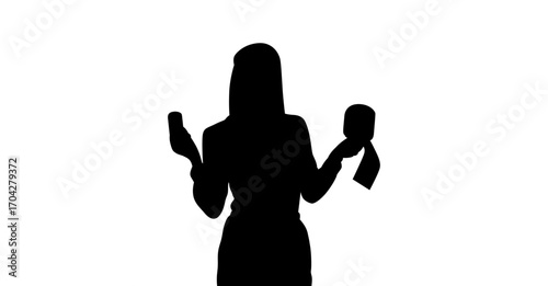 A simple, black silhouette of a woman with her arms outstretched, holding what appear to be small objects.