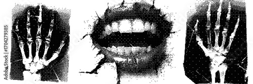 Halftone triptych collage, high-contrast dotted screenprint, skeletal palms and distressed mouth motif. Grainy photocopy texture, vintage printmaking aesthetic, vector illustration