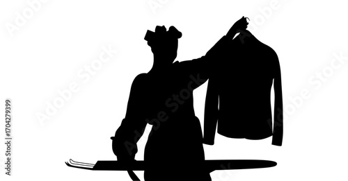 A dramatic silhouette of a woman ironing a jacket, set against a plain white background.