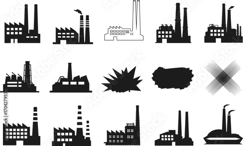 Black and white industrial factory and manufacturing plant icons set with chimneys, smoke, explosion effects, and production buildings in silhouette style