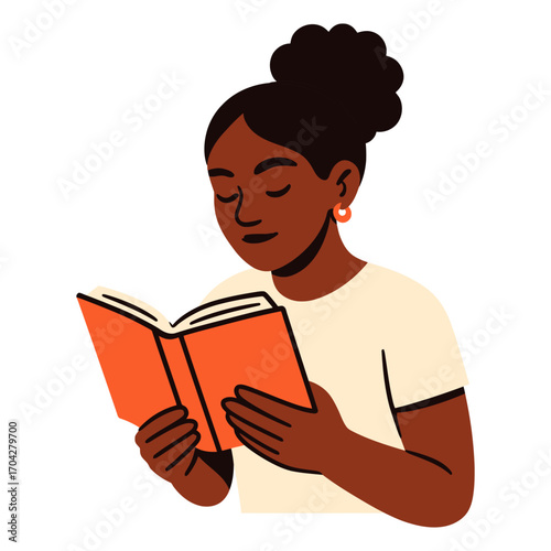 A young girl is reading a book. She is wearing a white shirt and has her hair in a bun. Vector.