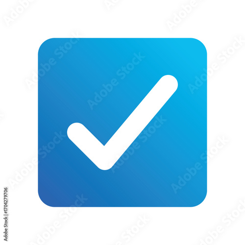 Blue positive vote button with checkmark accept complete task badge vector illustration. Success confirmation logotype keypad agree approved check mark. Done checkbox. Tick button emoji icon.EPS 10