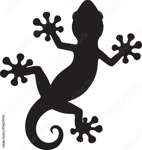 Silhouette of a gecko clinging to a surface with detailed toes and a curled tail