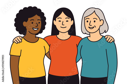 Three women are hugging each other. The woman on the left is wearing a yellow shirt. The woman in the middle is wearing an orange shirt. Vector.