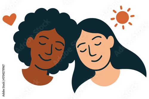 Two women are hugging each other and smiling. Concept of love and happiness. Vector.