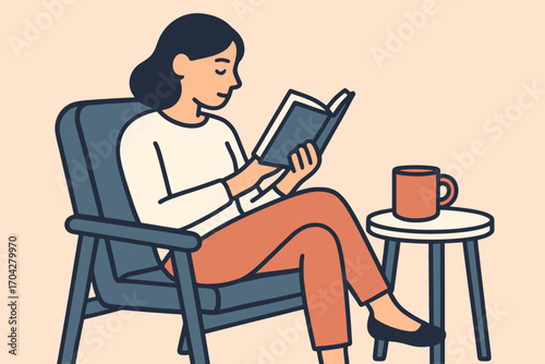 A woman is reading a book while sitting in a chair. The scene is peaceful and relaxing, with a cup of coffee nearby. Vector.
