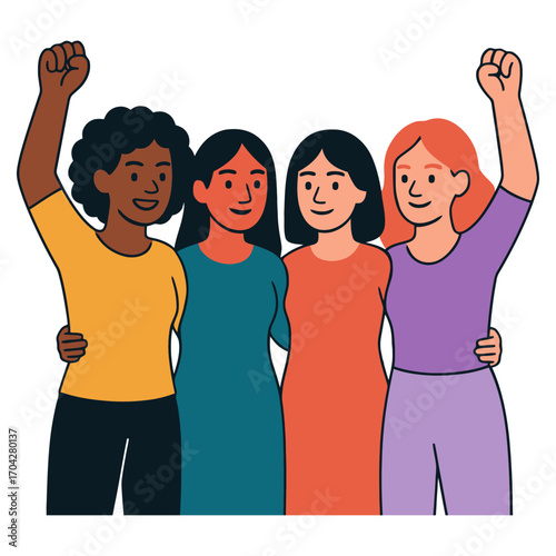 Four women are standing together and holding hands. They are all smiling and seem to be happy. Concept of unity and support among the women. Vector.
