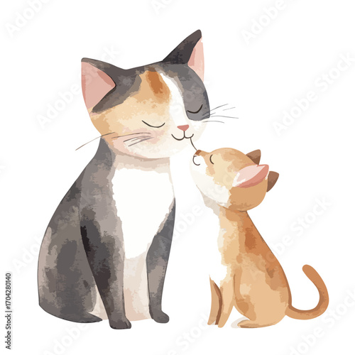 Watercolor depiction of two affectionate cats sharing a tender moment