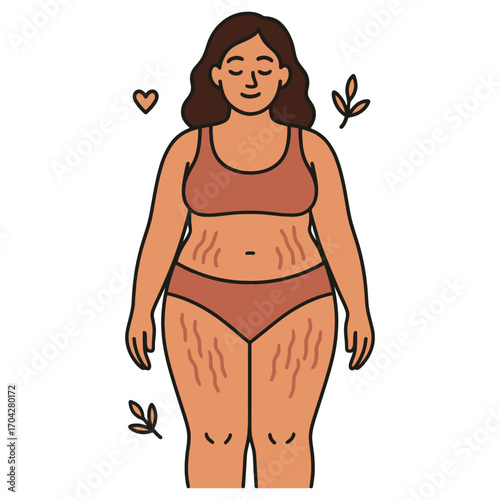 A woman with a belly bandage is shown with a heart on her chest. Concept of care and support for the woman. Vector.