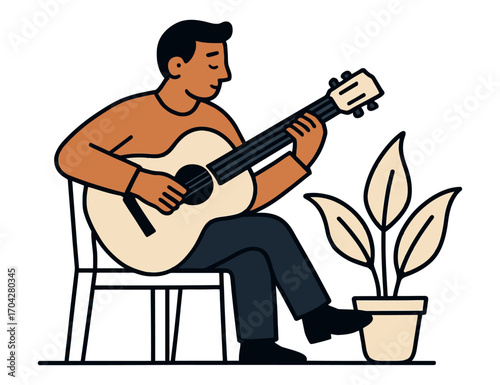 A man is playing a guitar while sitting on a chair. Concept of relaxation and leisure, as the man is enjoying his time playing music. Vector.