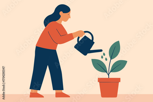 A woman is watering a plant in a pot. Concept of nurturing and care for the plant, as the woman is actively tending to it. Vector.