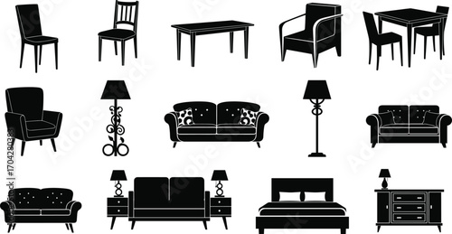 Silhouette Vector Set of Contemporary Home Furniture Including Sofas, Beds, Chairs, Tables, Dressers, and Lamps for Interior Design and Decoration