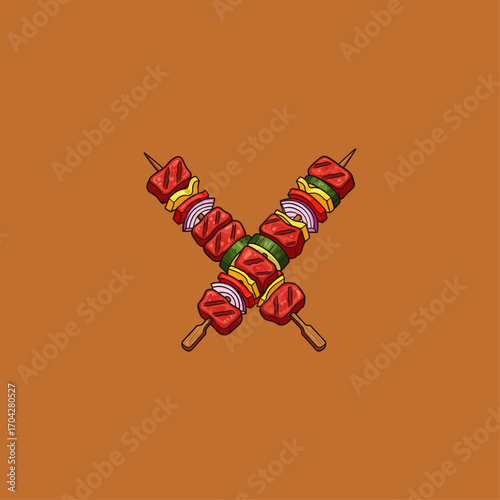 Crossed grilled shish kebab on skewers stick icon flat vector design.