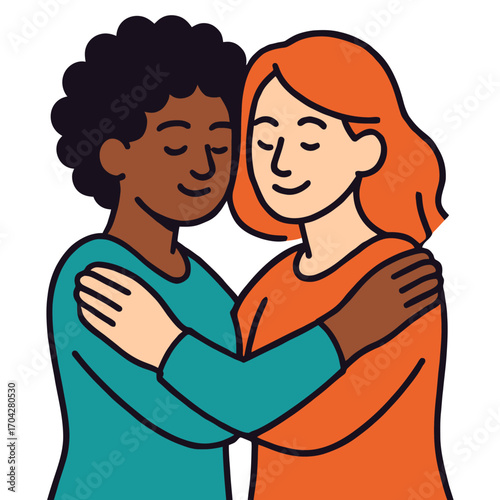 Two women hugging each other. One is black and the other is red. They are both smiling. Vector.