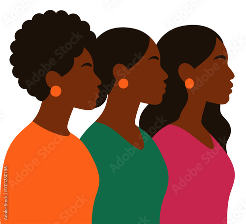 Three women are standing next to each other, with one wearing a green shirt and the other two wearing pink shirts. Vector.