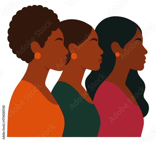 Three women with long hair are standing next to each other. The women are wearing earrings and are smiling. Vector.