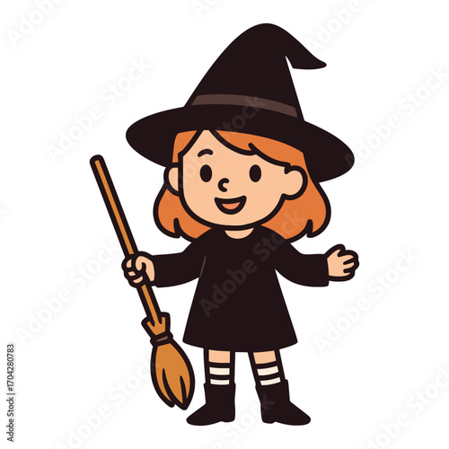 A cartoon girl is holding a broom and wearing a witch hat. She is smiling and she is happy. Vector.