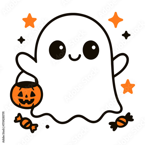 A ghost is holding a pumpkin and a candy bag. The ghost is smiling and he is happy. Vector.