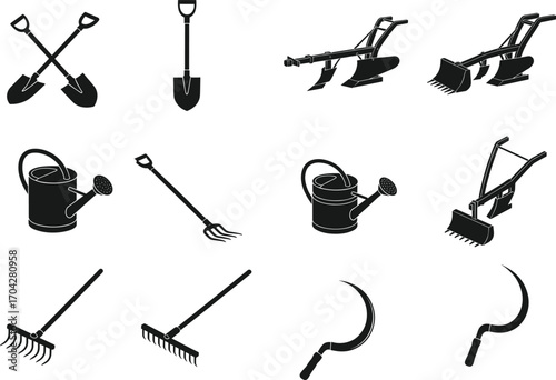 Black gardening tools vector set including shovels, watering cans, plows, rakes, and sickles for agriculture, farming, and garden maintenance design