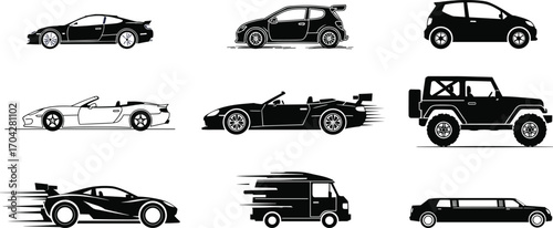 Set of various stylish car silhouettes and fast vehicle icons including sports cars, SUVs, vans, and luxury limousines in black and white vector