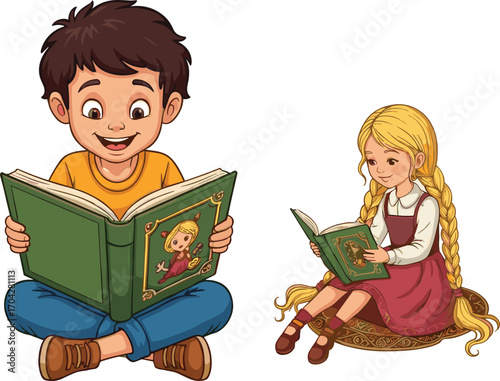 Cartoon boy and girl reading books, children enjoying story time, sitting on floor with fairy tale books, vector illustration for education and learning