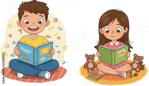 Cartoon boy and girl reading books, educational fun, indoor activity, happy children with books, learning time, cute vector illustration, storytelling moment