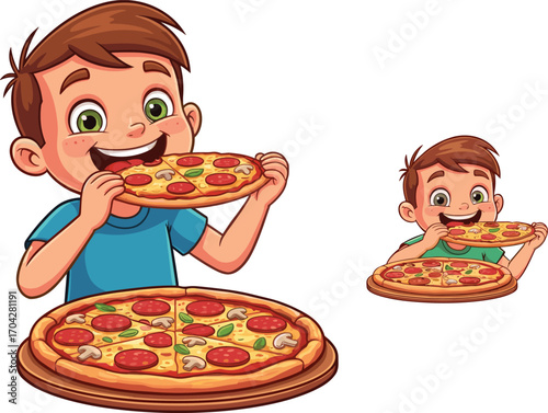 Cartoon boy eating delicious pizza slice, happy kid enjoying fast food meal, vector illustration for food, restaurant, snack, and culinary design use