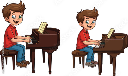Cartoon boy playing grand piano, smiling child enjoying music, sitting on stool, casual clothes, music sheet, fun learning moment, vector illustration for children content