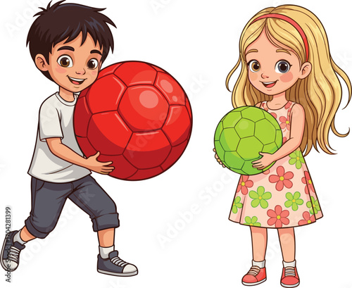 Cartoon boy and girl holding colorful balls, smiling kids in casual clothes and dress, playing together, happy childhood moment, vector illustration for children