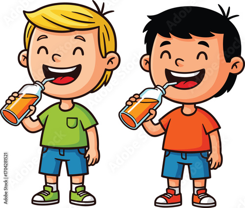 Cartoon boys drinking juice from bottles with straws, laughing kids in colorful clothes, enjoying refreshing drink, fun childhood moment, vector illustration for children content