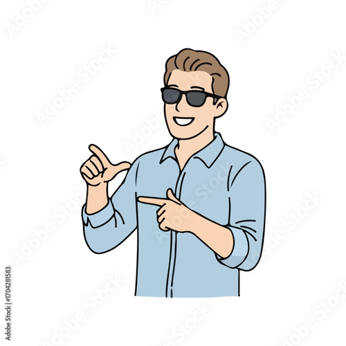 Man in Sunglasses Pointing with Both Hands and Smiling fingers