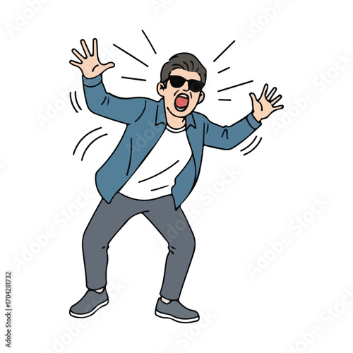 Man in Sunglasses Shouting with Arms Raised in Exasperation yelling screaming