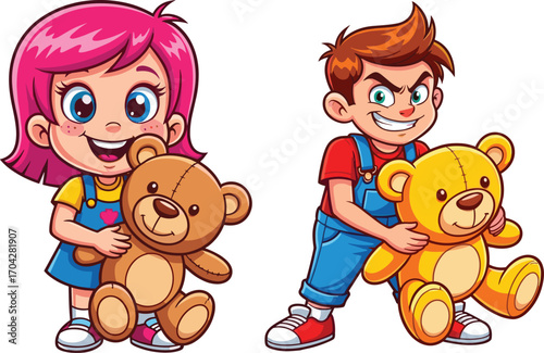Cartoon kids holding teddy bears, cute girl and boy illustration, plush toy fun, children with toys, vector art, happy playtime concept