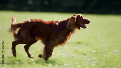 Brown dog running in green grass