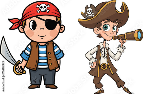 Cartoon pirate boys with telescope, sword, eyepatch, skull hat, funny children costume characters, adventure concept, isolated vector illustration for kids design