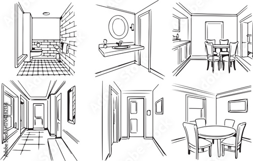 Architectural Interior Perspective Drawings of Rooms with Furniture on Transparent Background
