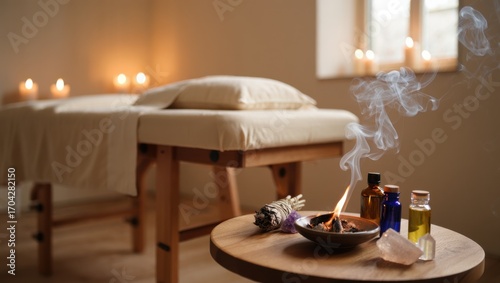 A Tranquil Spa Setting Featuring Aromatic Oils, Candles, and Incense for a Relaxing Therapeutic Experience